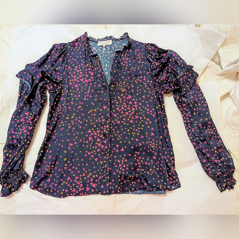 Hale Bob Blue Purple Silk Blend Blouse Hearts Long Sleeve Buttons Medium (Large) - Picture 4 of 16